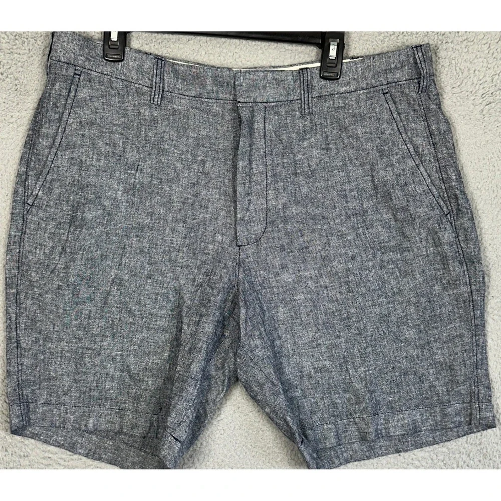 J Crew Linen Blend Shorts Mens 38X9 Navy Blue Chambray Khakis Chino Flat Front